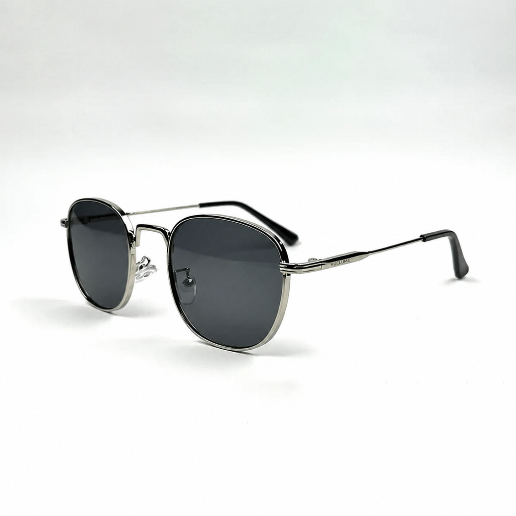 Men’s Silver Round Sunglasses with Black UV400 Lenses