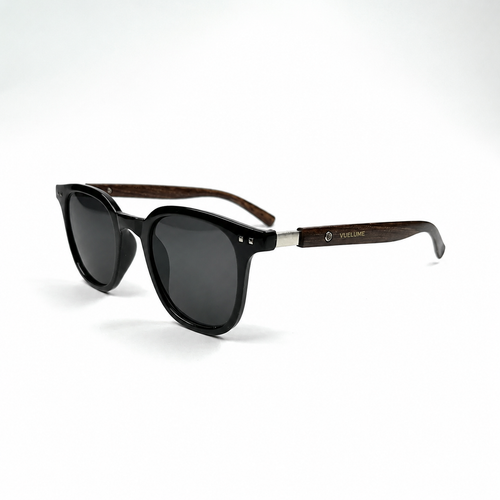 VUELUME Women's Black Square Sunglasses with Brown Wood-Grain-Pattern Temples